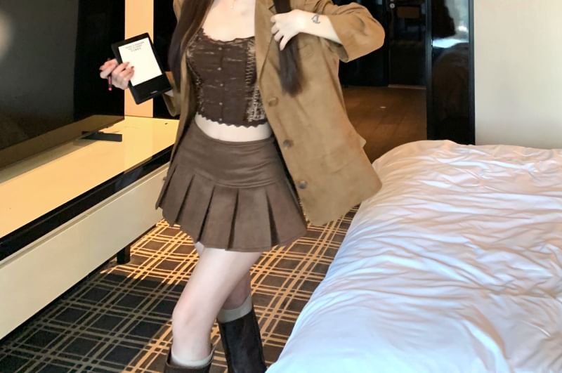 Scoop Neck Crop Camisole Blazer and Mini Pleated Skirt