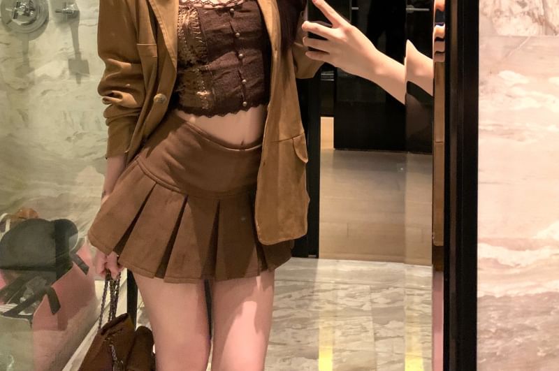 Scoop Neck Crop Camisole Blazer and Mini Pleated Skirt