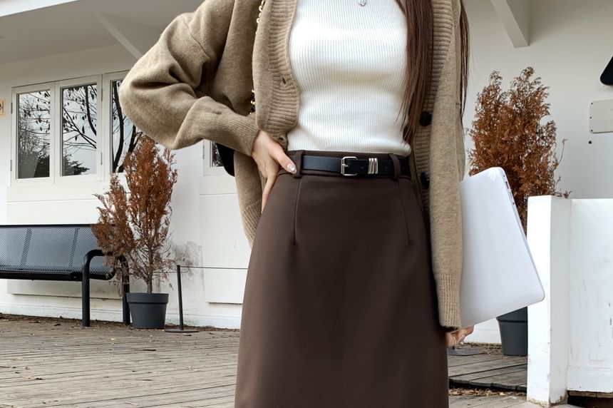 Midi Pencil Skirt High Waist Plain