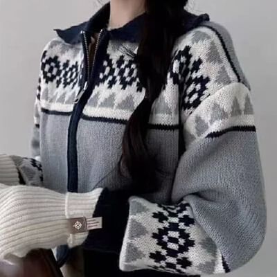 Jacquard Zip-Up Cardigan