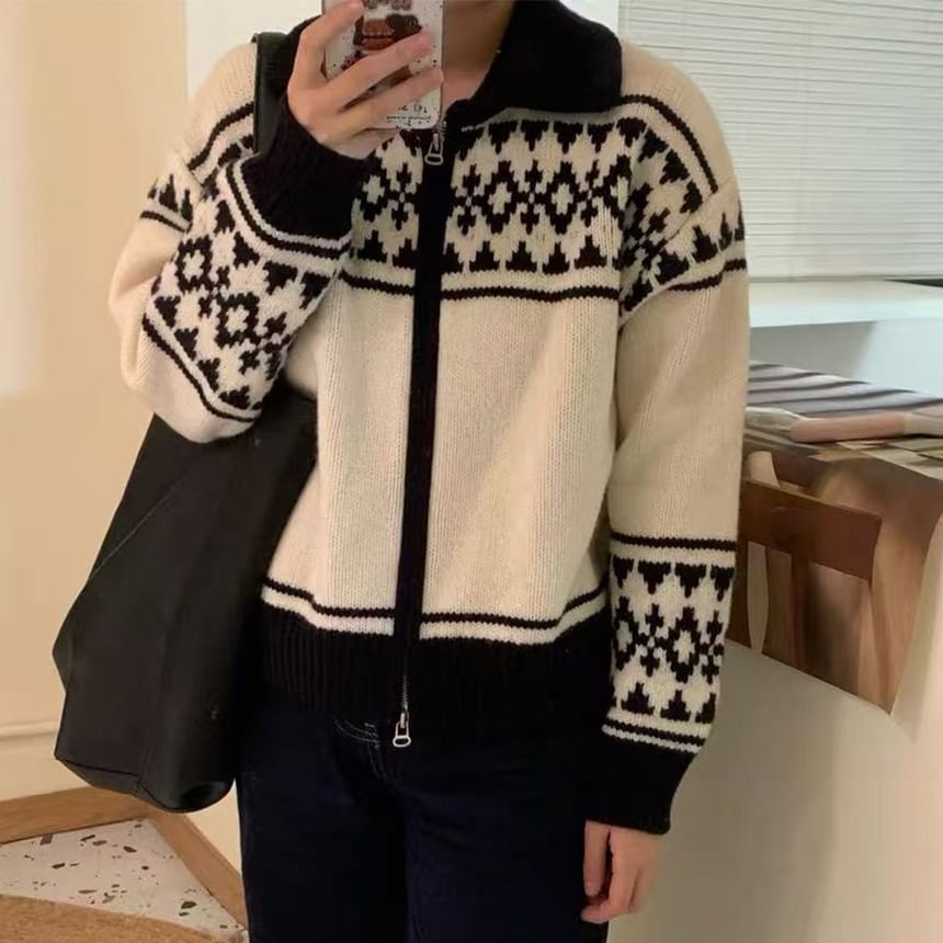 Jacquard Zip-Up Cardigan