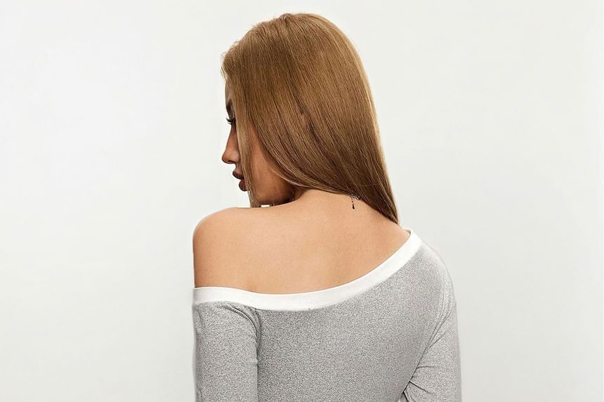 Contrast Trim Off-Shoulder Slim Cropped Top, Long Sleeves