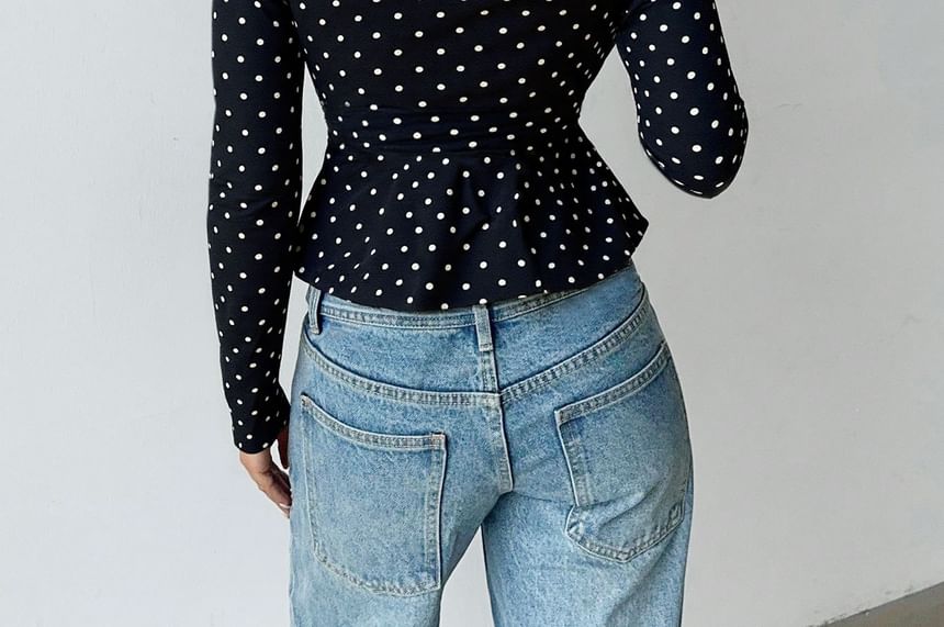 Polka Dot Peplum Crop Top with V-Neck & Long Sleeves