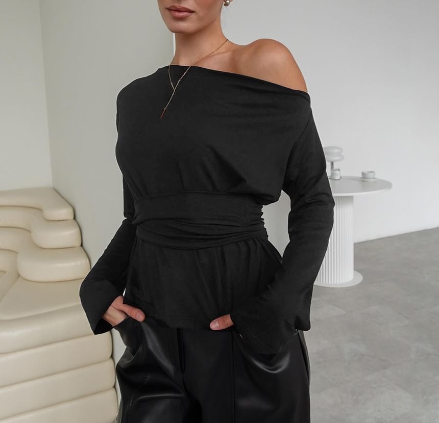Off-Shoulder Plain Tie-Waist T-Shirt with Long Sleeves