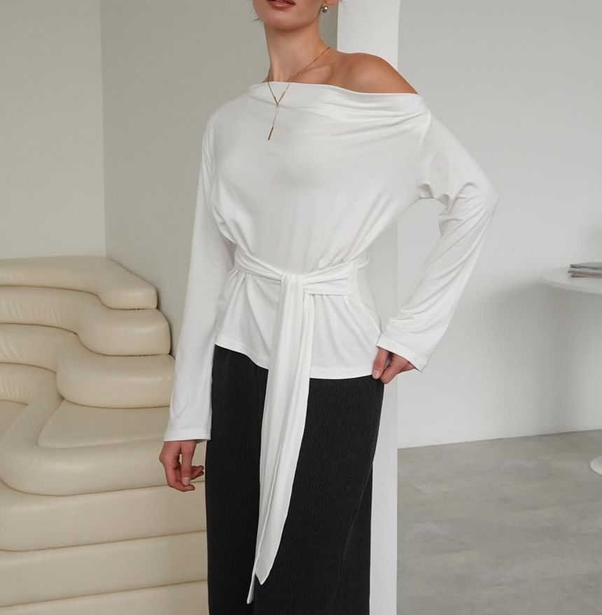 Off-Shoulder Plain Tie-Waist T-Shirt with Long Sleeves