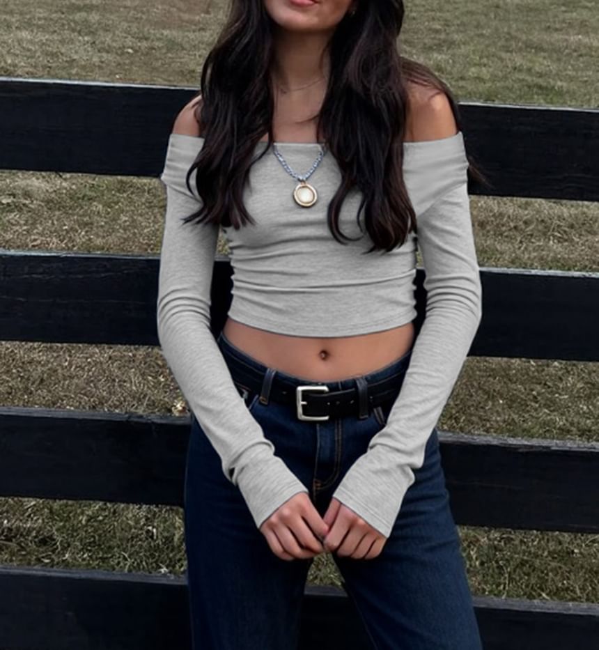 Off-Shoulder Slim Cropped T-Shirt with Long Sleeves