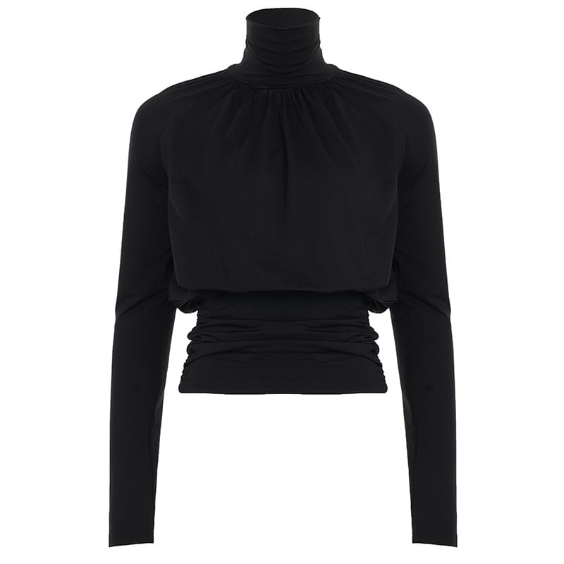Ruched Turtleneck Cropped Top with Long Sleeves