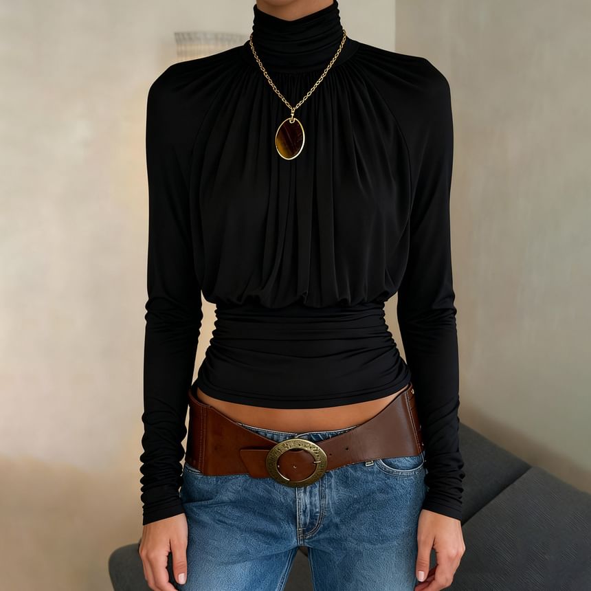 Ruched Turtleneck Cropped Top with Long Sleeves