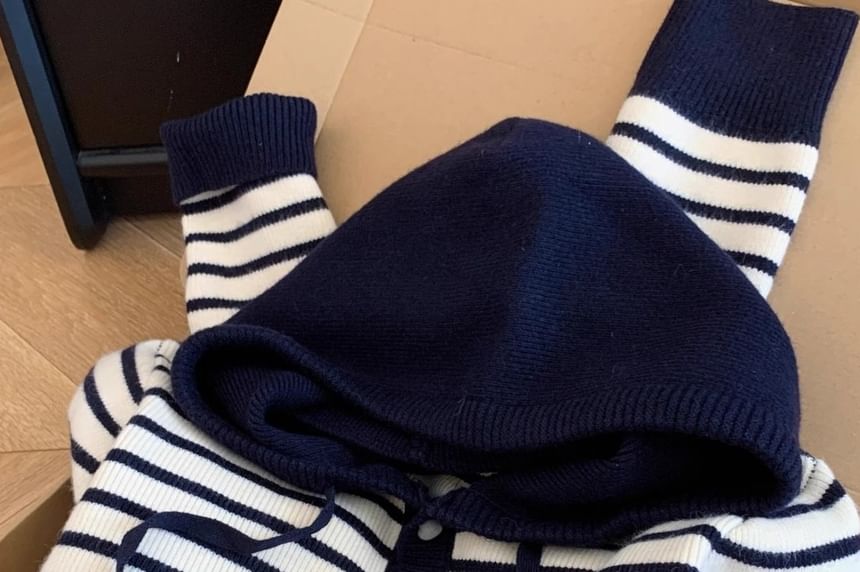 Striped Drawstring Hooded Cardigan