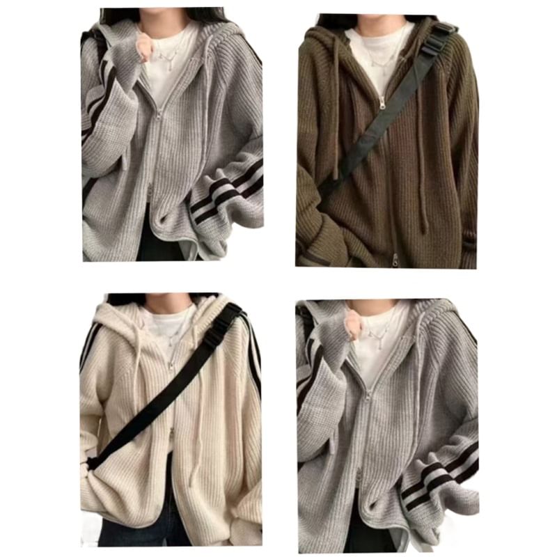 Striped Hooded Ribbed Zip Cardigan