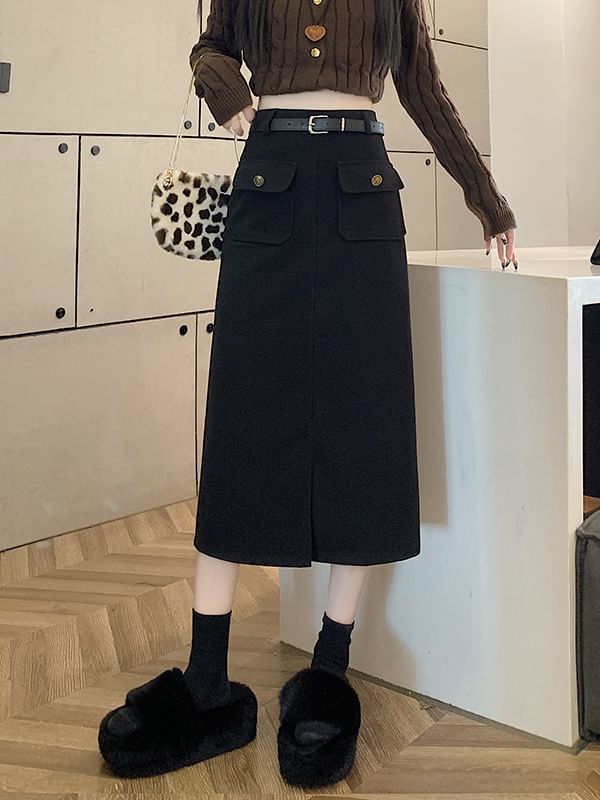 High Rise Plain Midi Skirt
