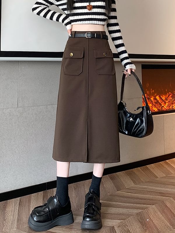High Rise Plain Midi Skirt