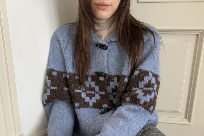 Collared Jacquard Toggle Cardigan