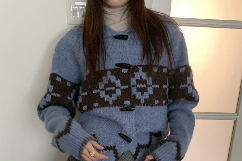 Collared Jacquard Toggle Cardigan