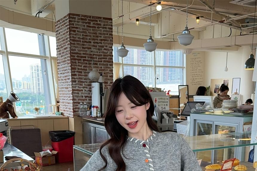 Contrast Stitching Button-Up Cardigan