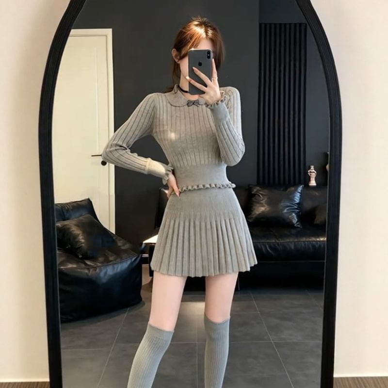 Collared Knit Top and Pleated Mini Skirt Set