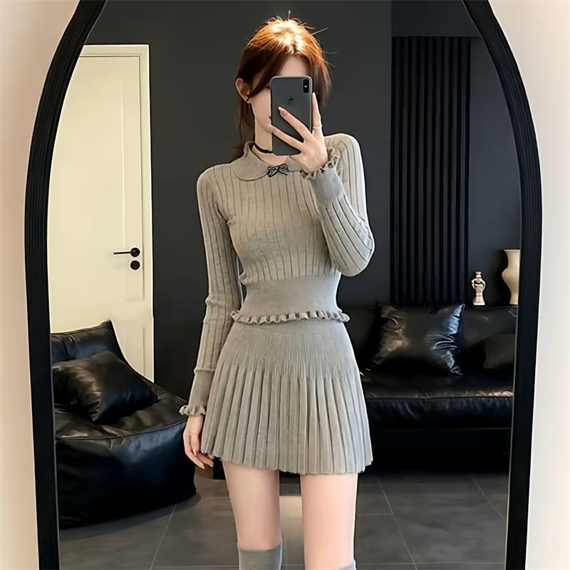 Collared Knit Top and Pleated Mini Skirt Set
