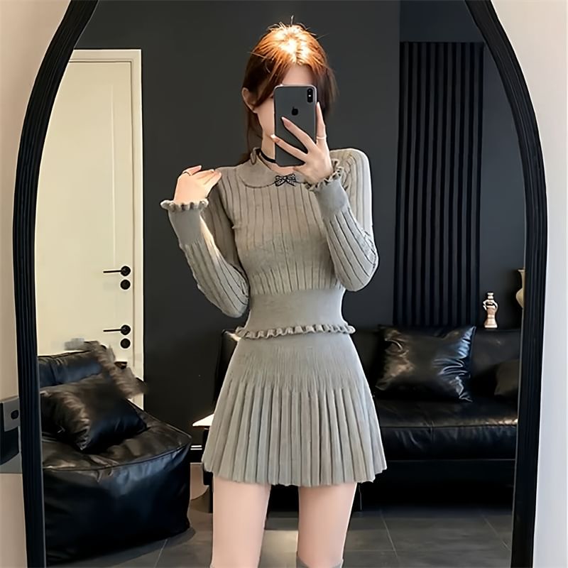 Collared Knit Top and Pleated Mini Skirt Set
