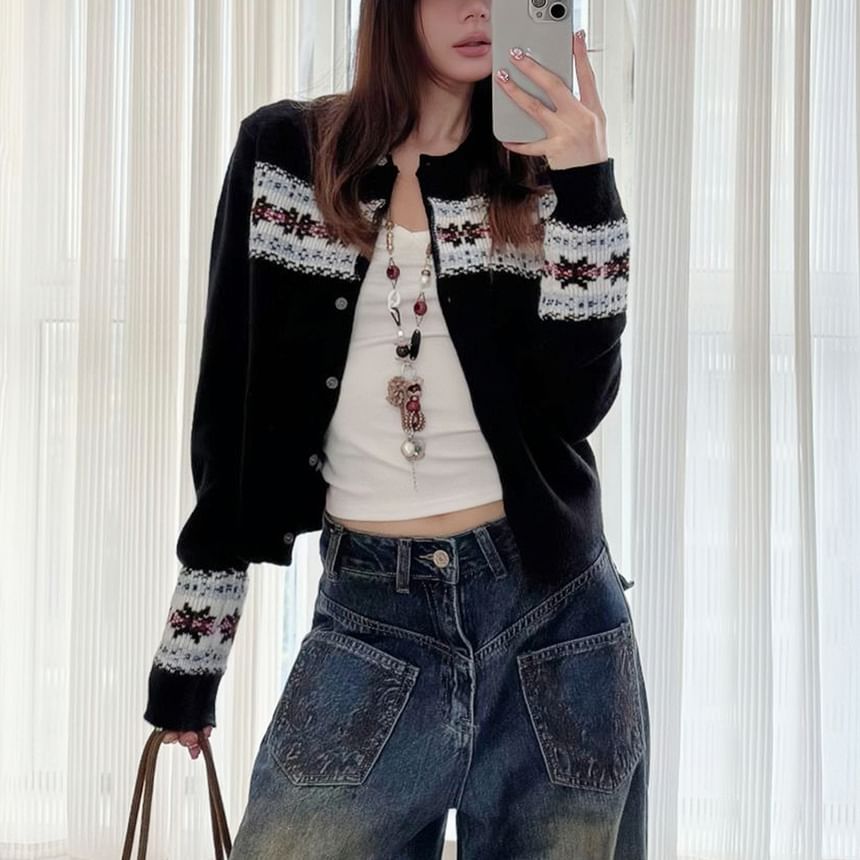 Jacquard Button-Up Cardigan