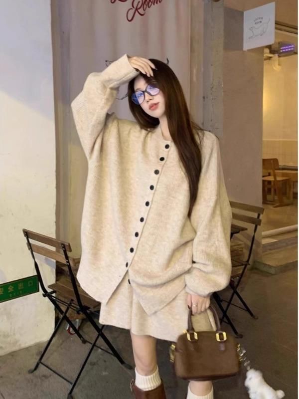 Set: Round Neck Ribbed Cardigan + Elastic Waist Mini A-Line Knit Skirt