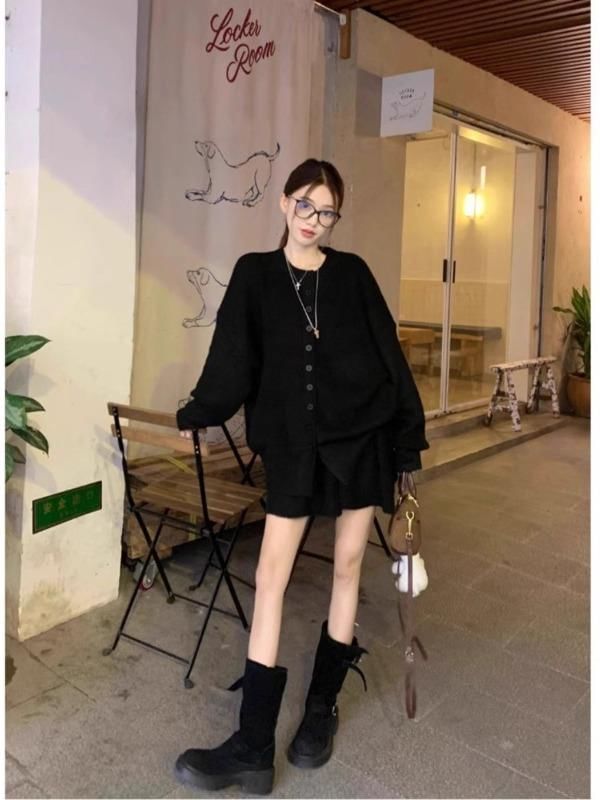Set: Round Neck Ribbed Cardigan + Elastic Waist Mini A-Line Knit Skirt