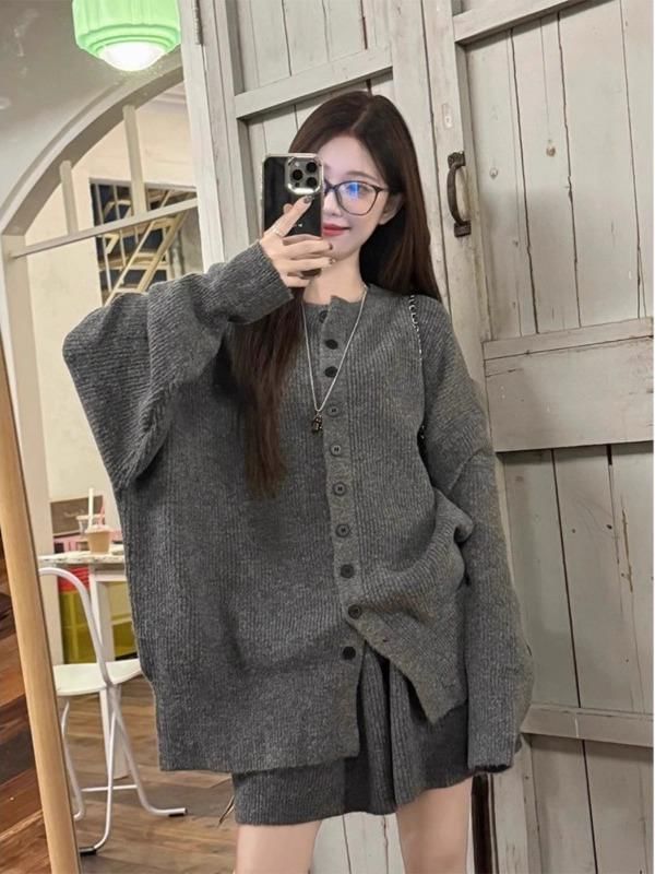 Set: Round Neck Ribbed Cardigan + Elastic Waist Mini A-Line Knit Skirt
