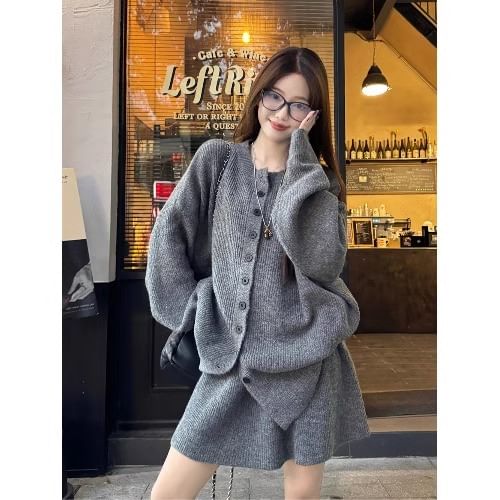 Set: Round Neck Ribbed Cardigan + Elastic Waist Mini A-Line Knit Skirt
