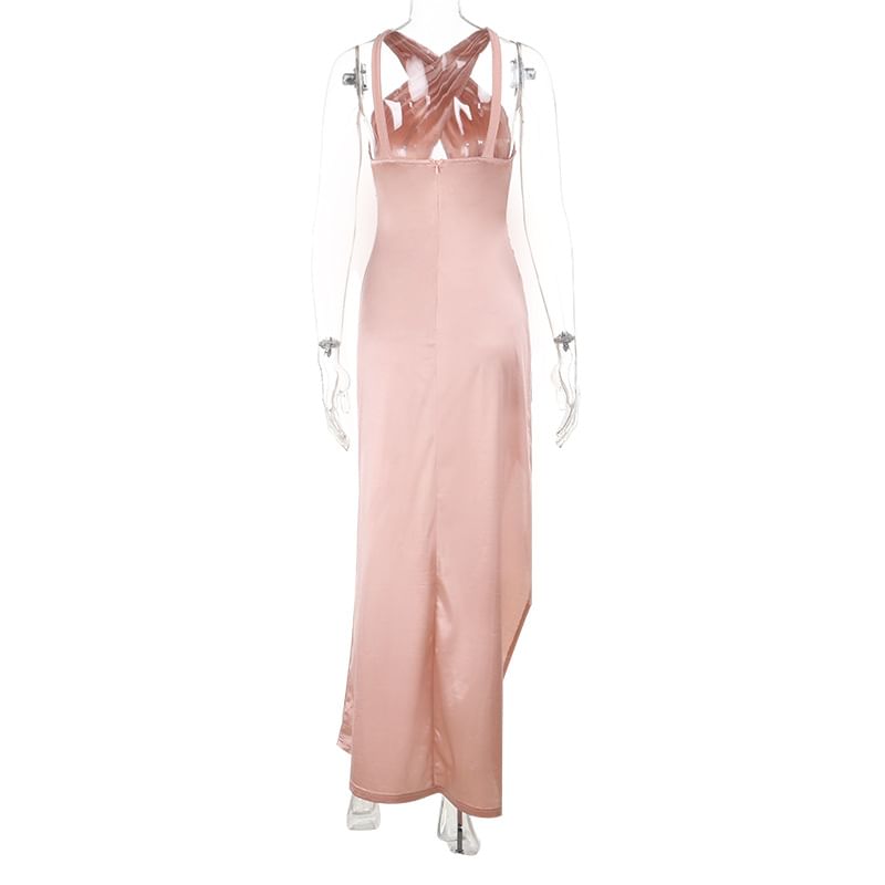 Halter Neck Plain Cutout Ruched Slit Maxi Bodycon Dress