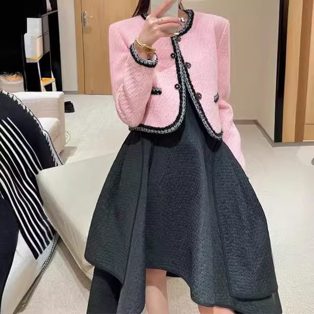 Crew Neck Contrast Trim Button-Up Tweed Crop Jacket