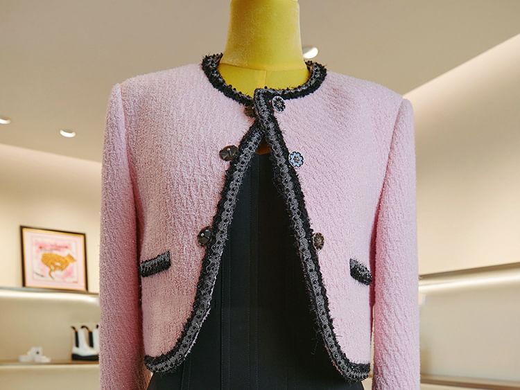 Crew Neck Contrast Trim Button-Up Tweed Crop Jacket