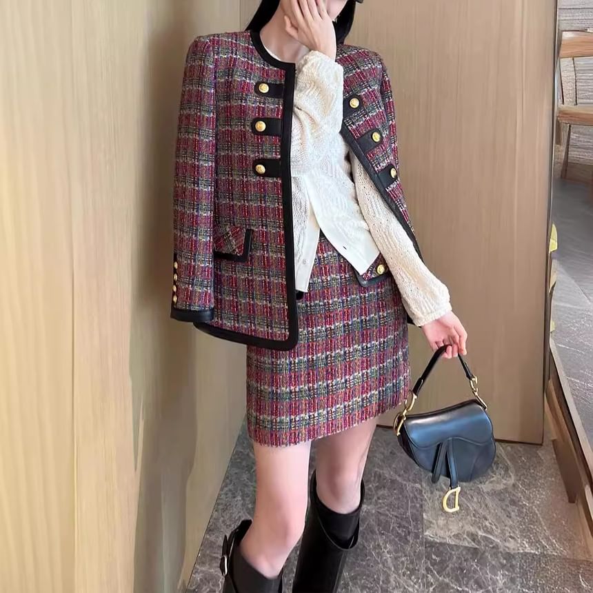 Crew Neck Faux Leather Panel Tweed Jacket and Mini A-Line Skirt