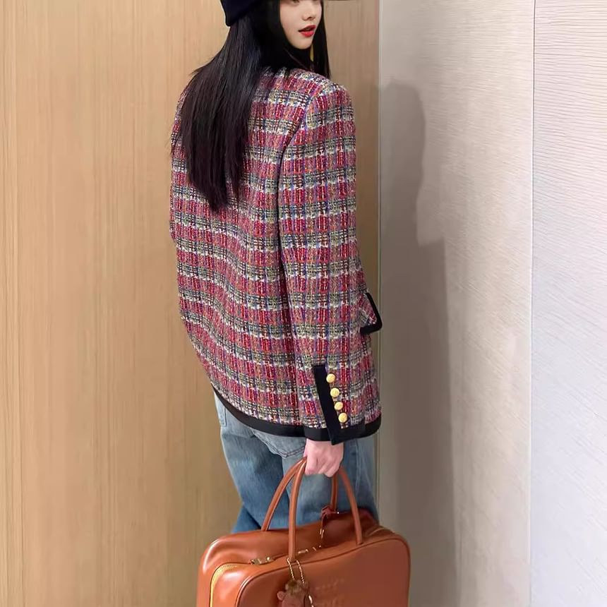 Crew Neck Faux Leather Panel Contrast Trim Tweed Jacket / High Waist Mini A-Line Skirt