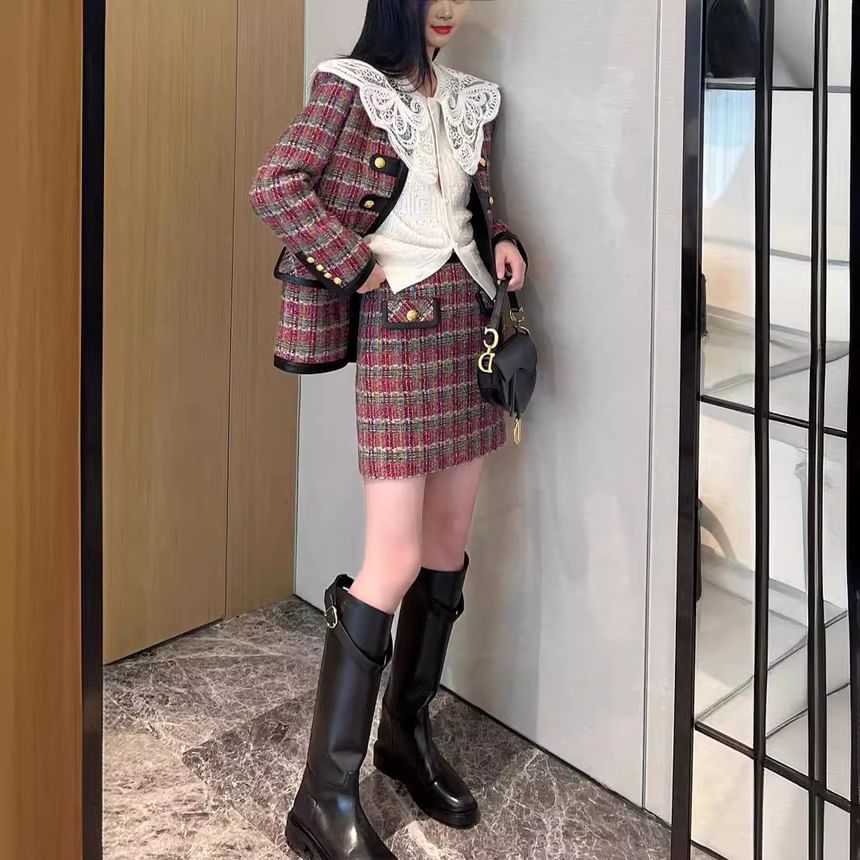 Crew Neck Faux Leather Panel Tweed Jacket and Mini A-Line Skirt