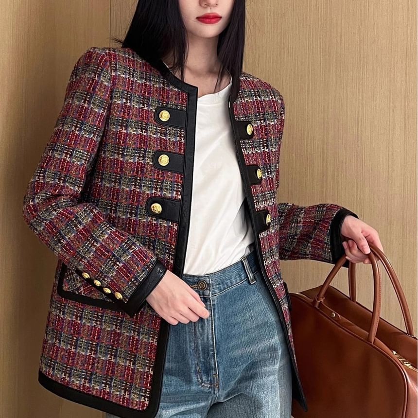 Crew Neck Faux Leather Panel Tweed Jacket and Mini A-Line Skirt