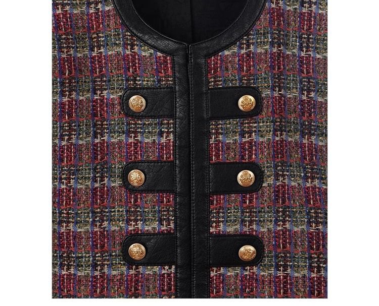 Crew Neck Faux Leather Panel Contrast Trim Tweed Jacket / High Waist Mini A-Line Skirt