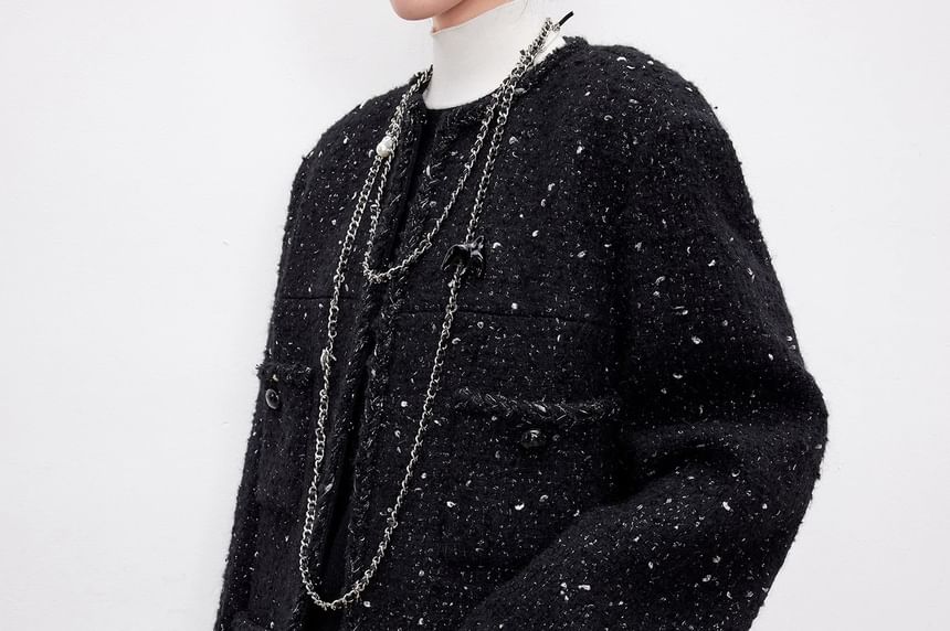 Crew Neck Braided Trim Open Front Tweed Jacket