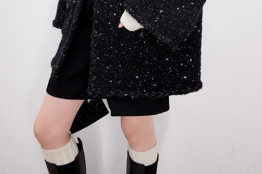 Crew Neck Braided Trim Open Front Tweed Jacket