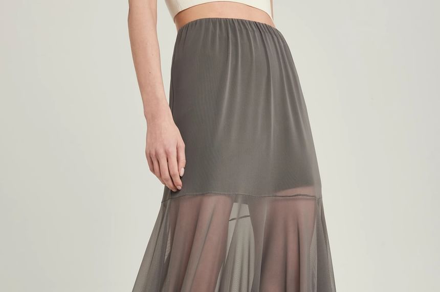 Mesh Panel See-Through Maxi A-Line Skirt with High Waist