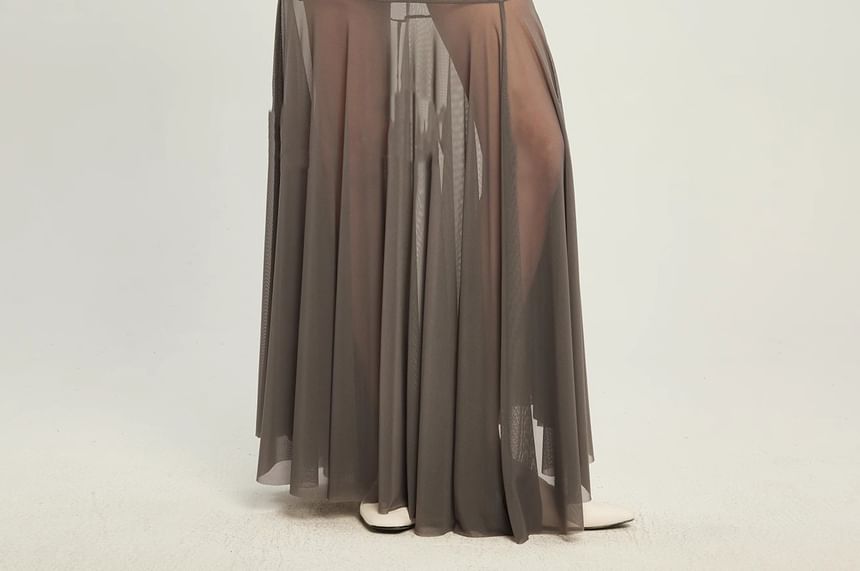 Mesh Panel See-Through Maxi A-Line Skirt with High Waist