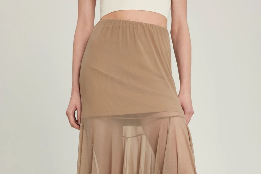 Mesh Panel See-Through Maxi A-Line Skirt with High Waist