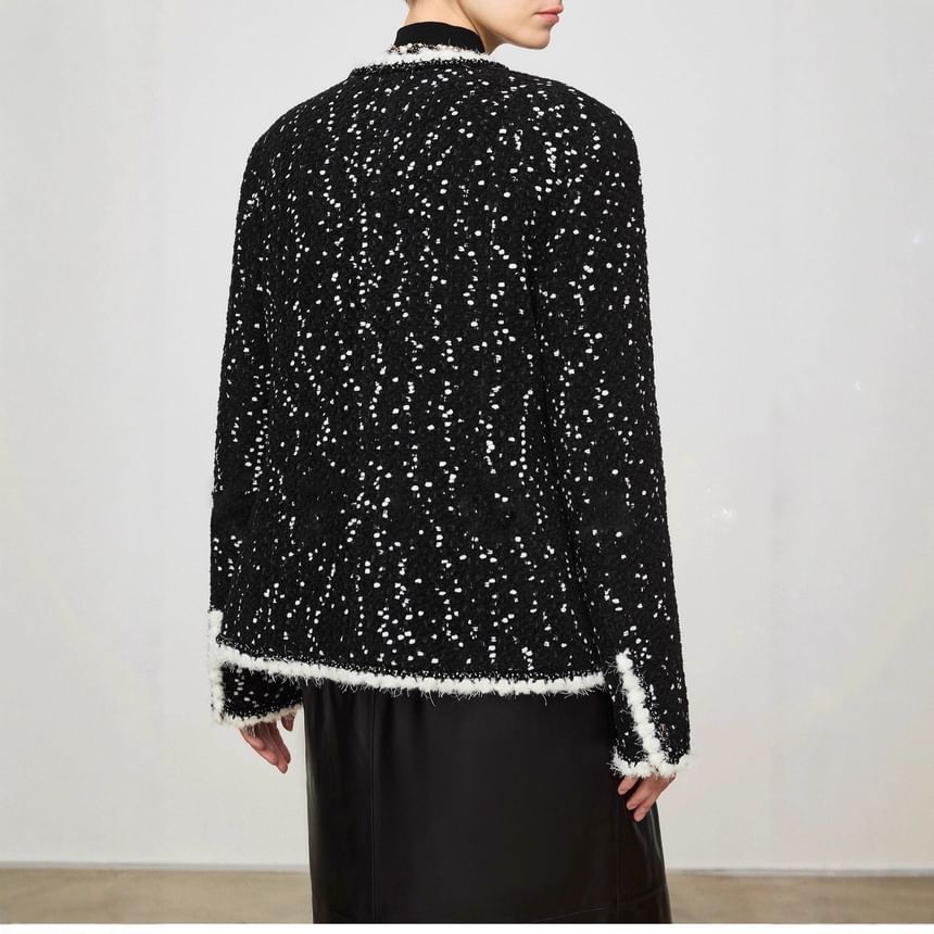 Crew Neck Contrast Trim Button-Up Tweed Jacket