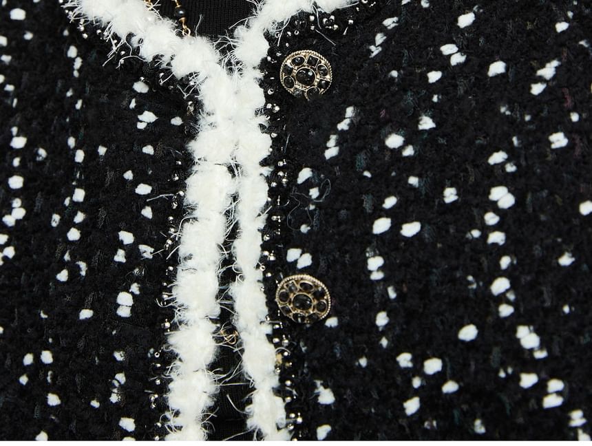 Crew Neck Contrast Trim Button-Up Tweed Jacket