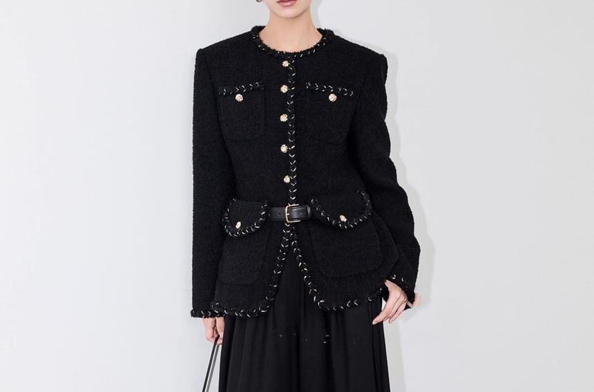 Crew Neck Braided Trim Button-Up Tweed Slit Jacket
