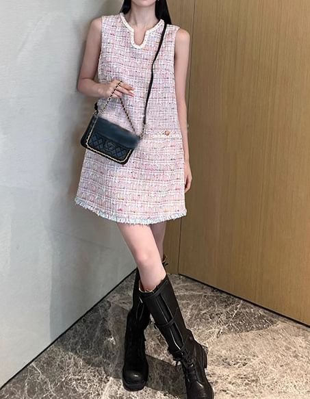 V-Neck Fringed Tweed Vest and Mini Shift Dress and A-Line Skirt