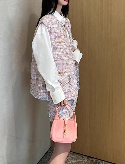 V-Neck Fringed Open Front Tweed Vest / Sleeveless Notch Neck Mini Shift Dress / High Rise Mini A-Line Skirt / Shorts