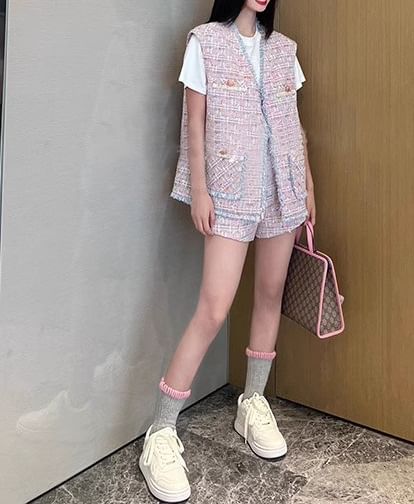 V-Neck Fringed Open Front Tweed Vest / Sleeveless Notch Neck Mini Shift Dress / High Rise Mini A-Line Skirt / Shorts