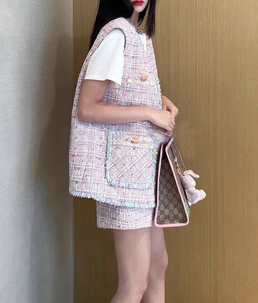 V-Neck Fringed Open Front Tweed Vest / Sleeveless Notch Neck Mini Shift Dress / High Rise Mini A-Line Skirt / Shorts