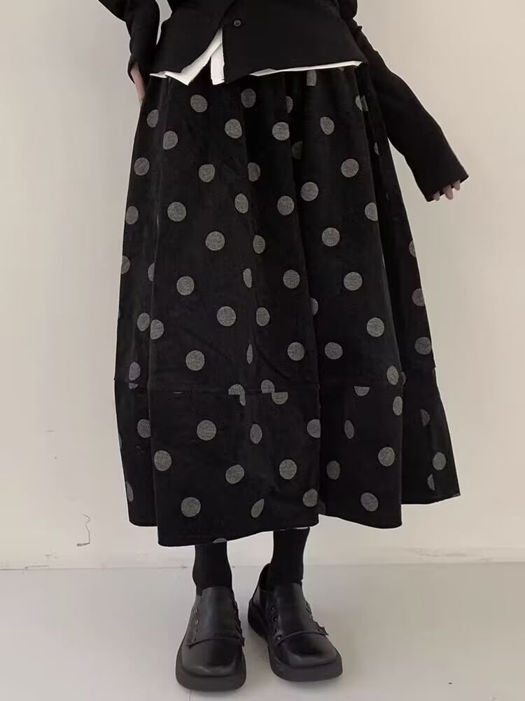 Dotted Corduroy Midi A-Line Skirt with High Rise
