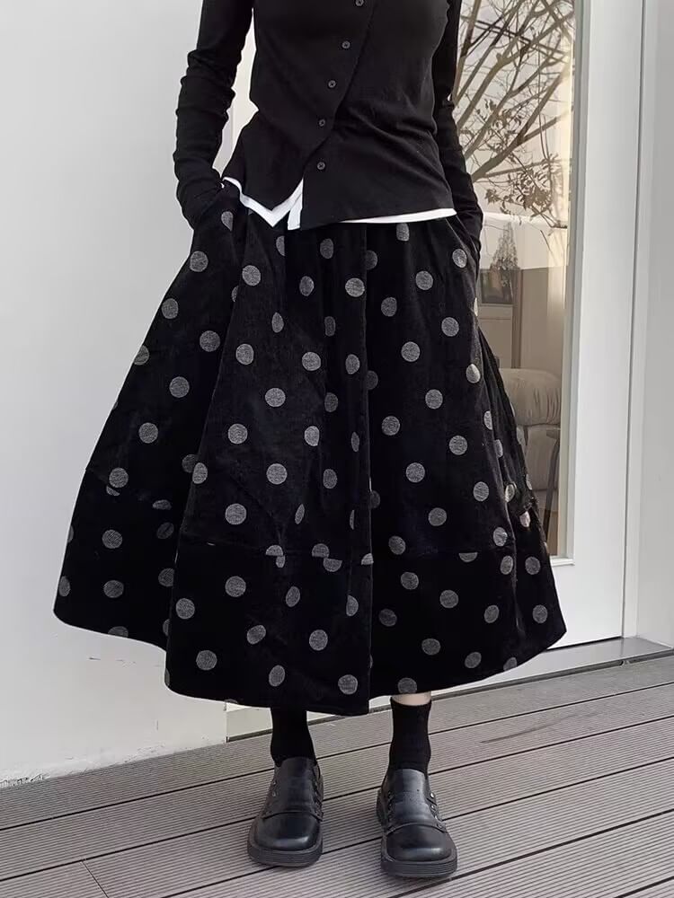 Dotted Corduroy Midi A-Line Skirt with High Rise