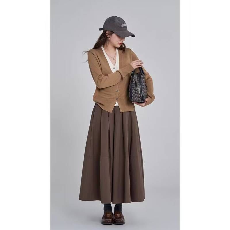 Elastic Waist Plain Midi A-Line Skirt